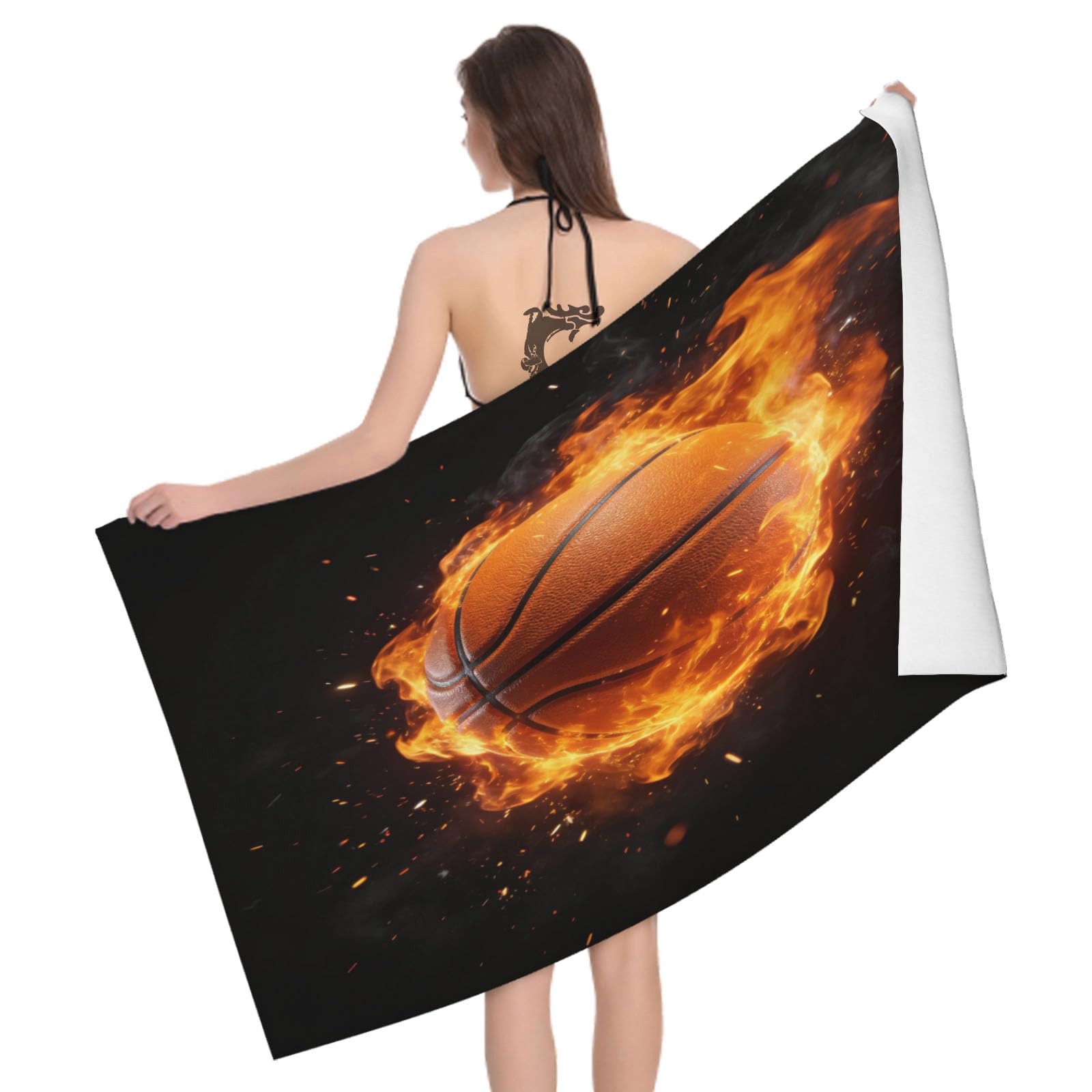 Leichong 3D Flame Basketball Beach Towel Microfiber Soft Quick Dry for Adults, Chic Flame Bath Towel Lightweight Soft Absorbent for Travel Swimming Pool Sports, 75 x 150 cm