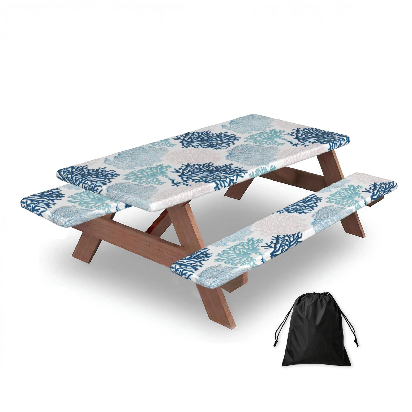 Blue Coral Nautical Teal Sea Coral, Picnic Table Cover With Bench Covers -Waterproof Elastic Fitted Tablecloth for Garden Camping Patio 76x152cm