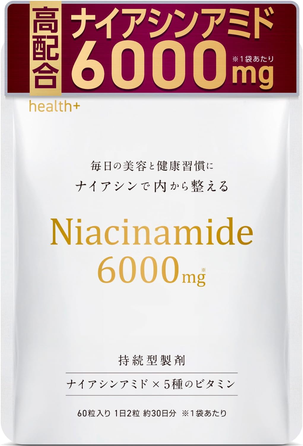 Health+ Niacinamide Supplement, Beauty and Health Support, Niacin, 6,000 mg, Biotin, B1, B2, B6, B12, 60 Tablets, Approx. 30 Day Supply