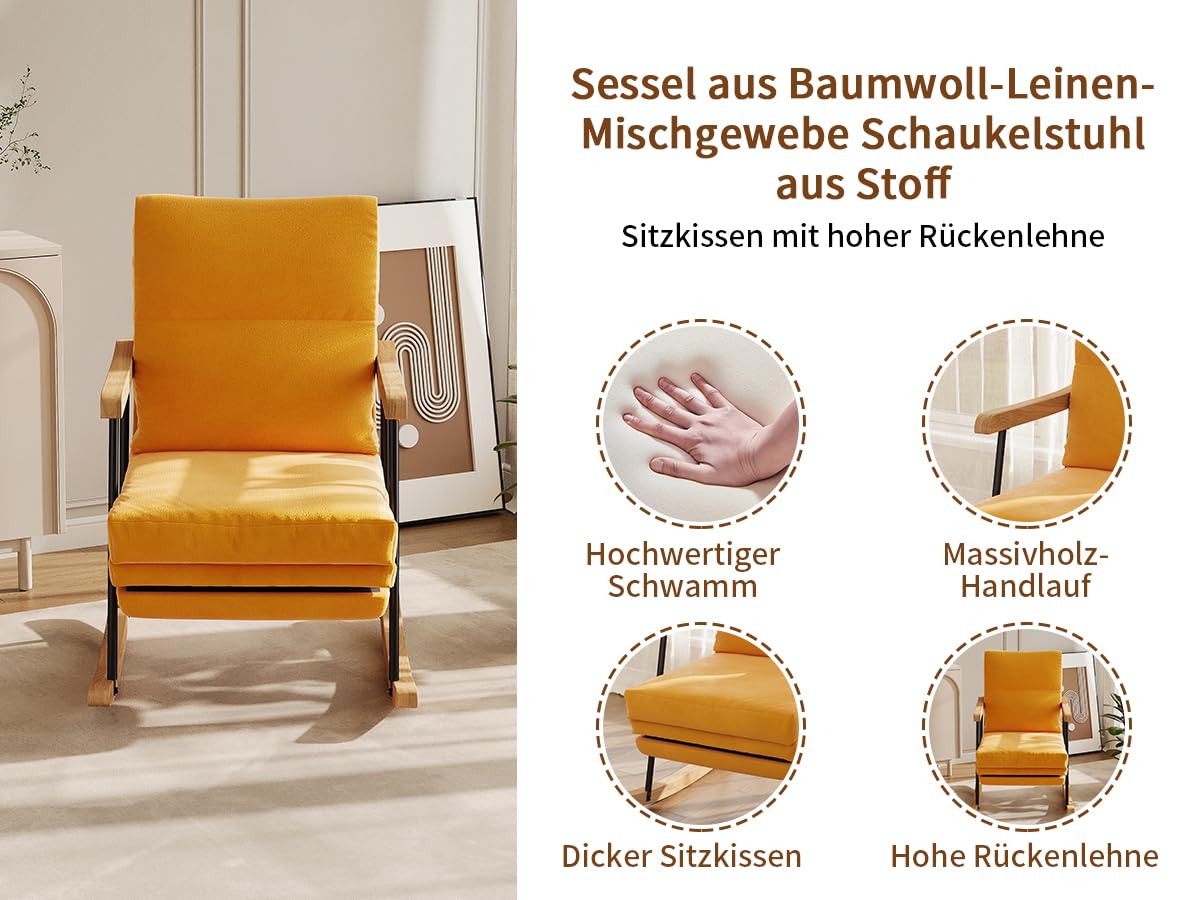 KeepGoon Chaise à Bascule, Fauteuil à Bascule avec Dossier, Repose-Pieds Coulissant, Fauteuil de Relaxation, pour Salon, Chambre à Coucher, Tissu en Coton et Lin (Jaune)