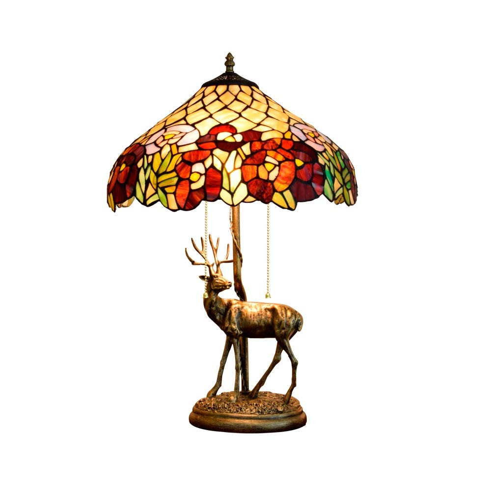 Aioneer 16 Inch Tiffany Stained Glass Table Lamp American Style Elk Base Creative Retro Rose Deer Deerlet;Fawn Lamp