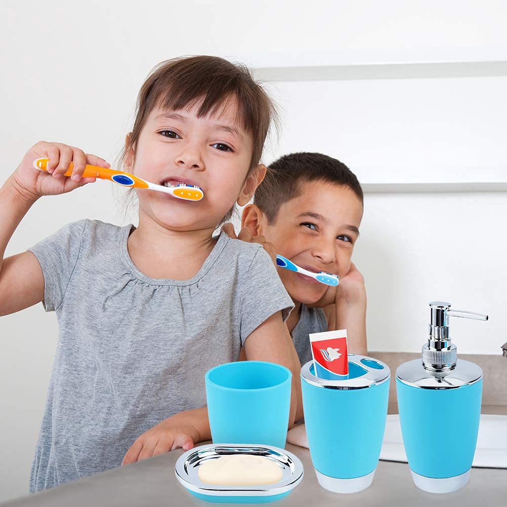 Bathroom Set Blue Bathroom Accessories Set 6 Pcs Plastic Bathroom Sets with Toothbrush Cup Toothbrush and Toothpaste Holder Lotion Dispenser Rubbish Bin Toilet Brush with Holder