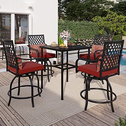 Sophia & William Patio Bar Set 5 Piece Outdoor High Dining Table And Chairs, Metal Furniture Set With 4 Swivel Bar Stools With Red Cushion And 1 Square Bar Height Table With 1.89'' Umbrella Hole #TOP3