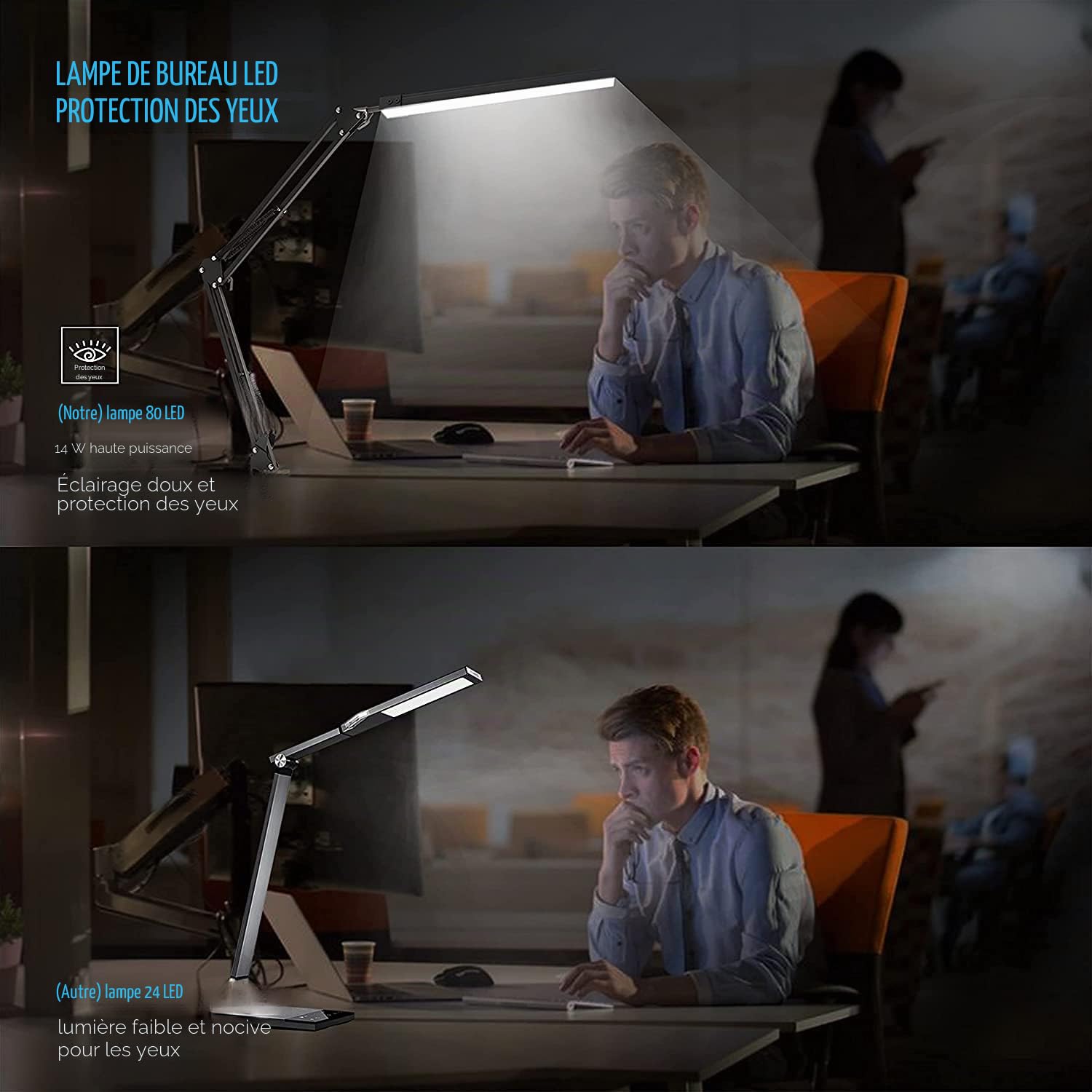 SKYLEO Lampe LED de bureau et de lecture avec USB, bras oscillant et pince, à intensité variable et 3 modes de couleur pour la protection des yeux