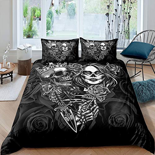 Skull Couple Comforter Cover Rose Sugar Skull Bedding Set Lover Skeleton Duvet Cover Set For Man Woman Adults Eternal Love Theme Spanish Art Bedspreads Cover With 2 Pillow Cases King Size Black #TOP6
