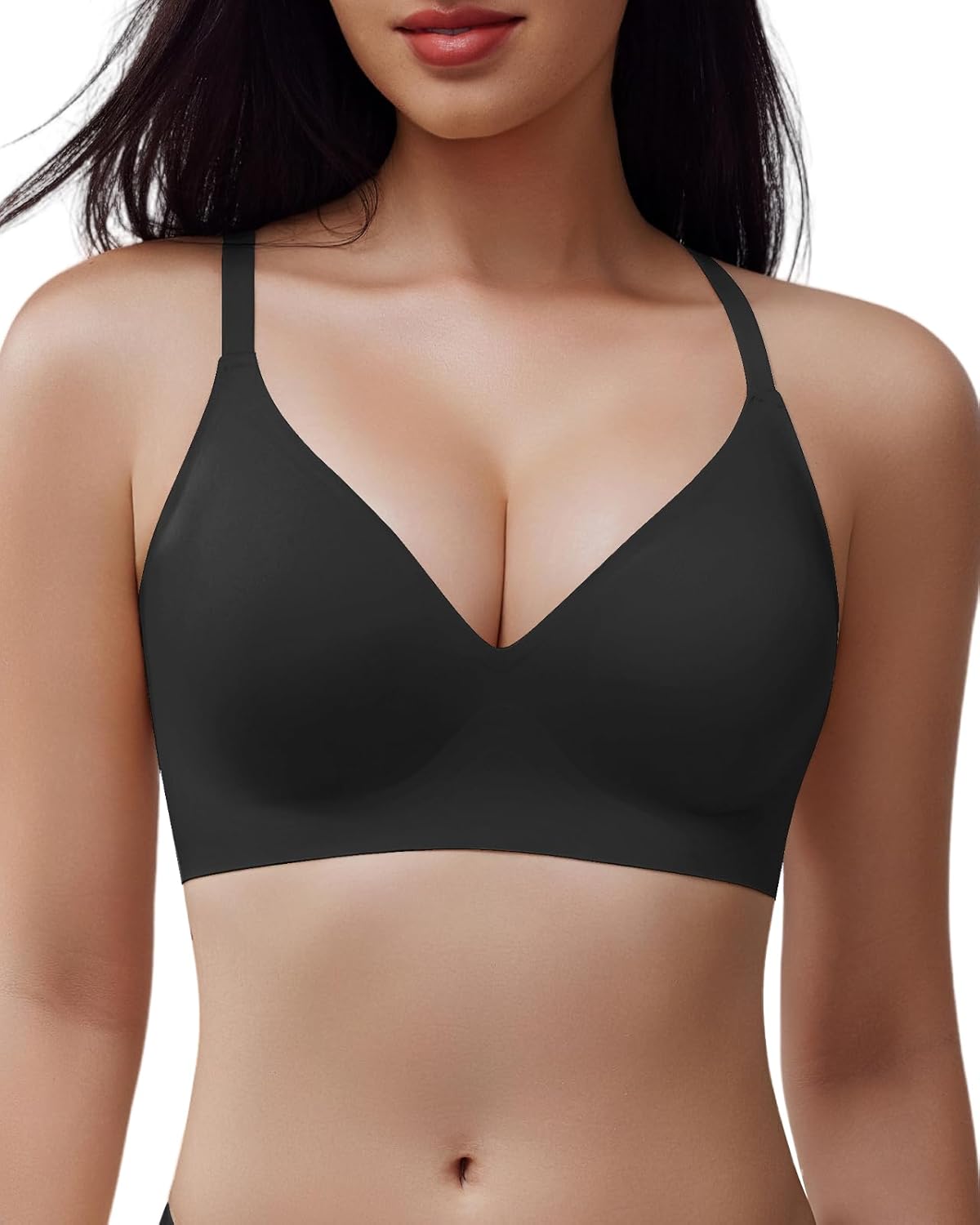 LIIJOO Women’s Seamless Wireless Bra, Padded V Neck Bralette with Thin Spaghetti Straps