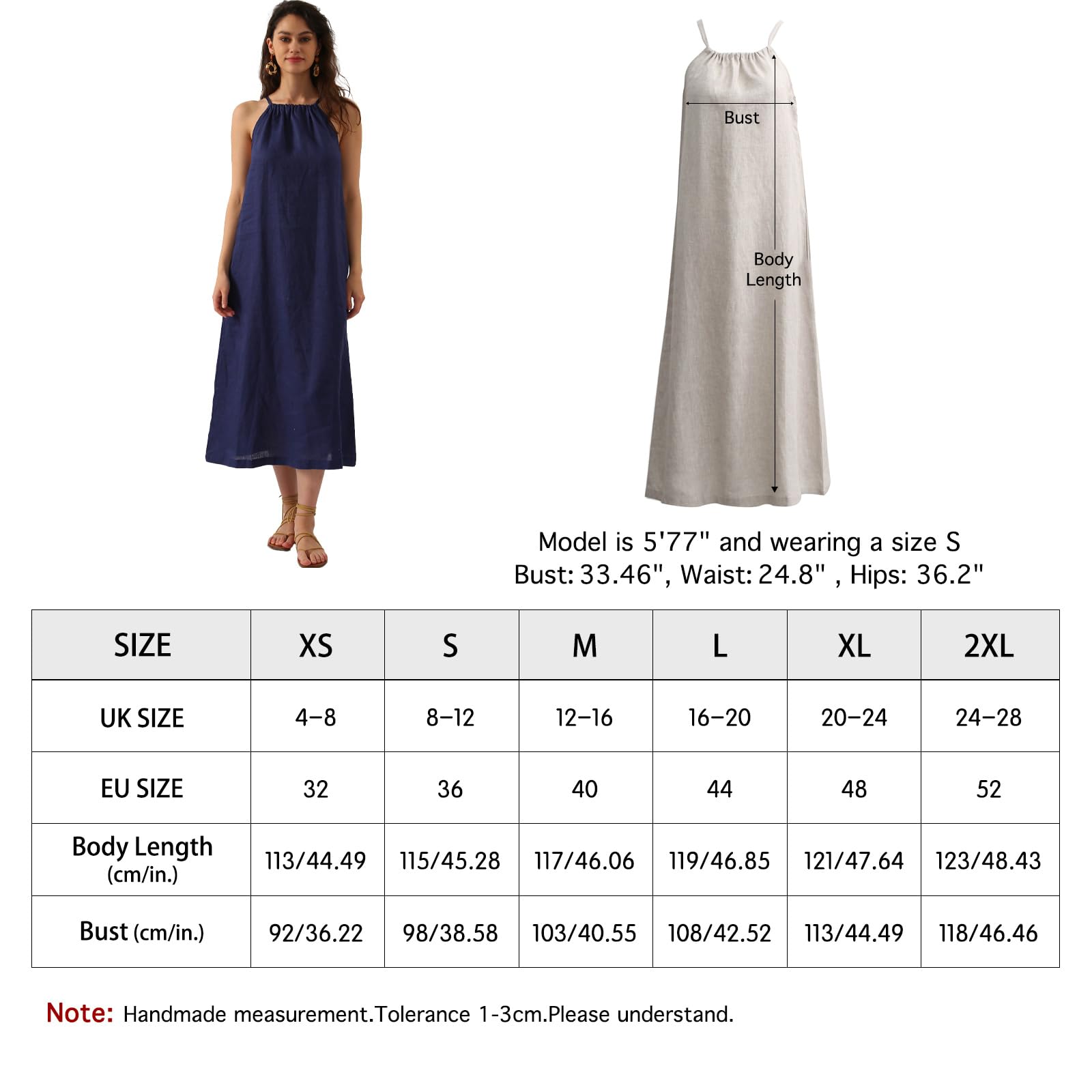 Amazhiyu Vestido largo de lino sin mangas para mujer, con cinturón y bolsillos