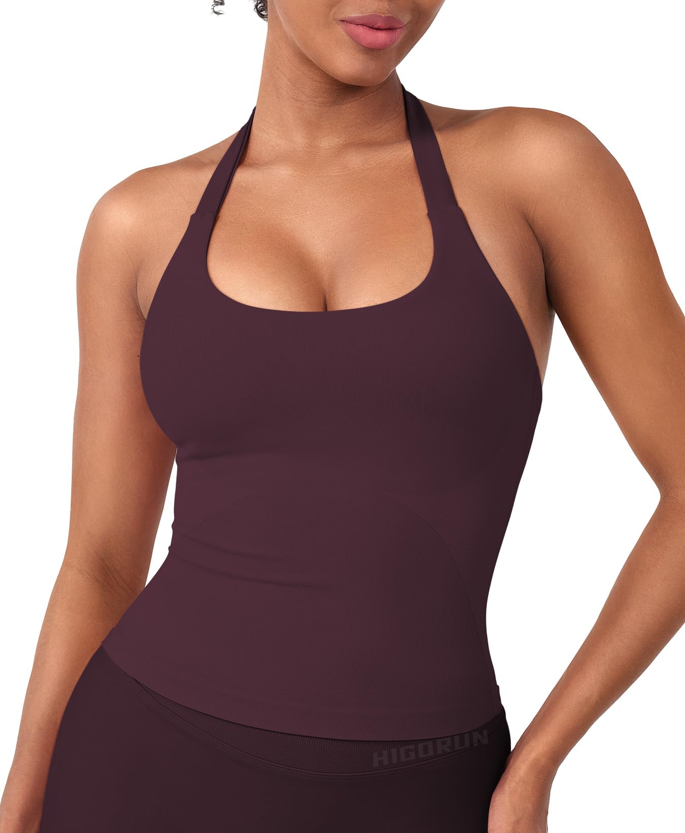 Photo 1 of **runs big*** HIGORUN Halter Impact Tank Tops for Women Y2K Workout Longline Crop Tops with Built in Bras Open Back Going Out Gym Top Mauve