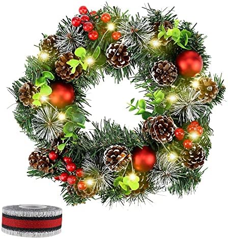 DXLing 30cm Artificial Christmas Wreath with Lights Balls and Pine Cones Xmas Decorations Hanging Artificial Pine Garland for Front Door with 5m Ribbon Christmas Garland Ornament for Window Wall