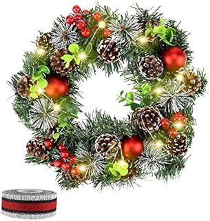 DXLing 30cm Artificial Christmas Wreath with Lights Balls and Pine Cones Xmas Decorations Hanging Artificial Pine Garland for Front Door with 5m Ribbon Christmas Garland Ornament for Window Wall