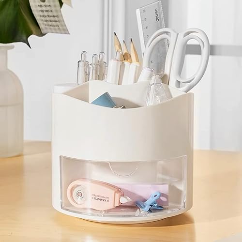 Miniatura 7 de Portalápices giratorio de 360 grados con cajón, 5 compartimentos de escritorio estacionario para brochas de maquillaje cosmético para tocador,
