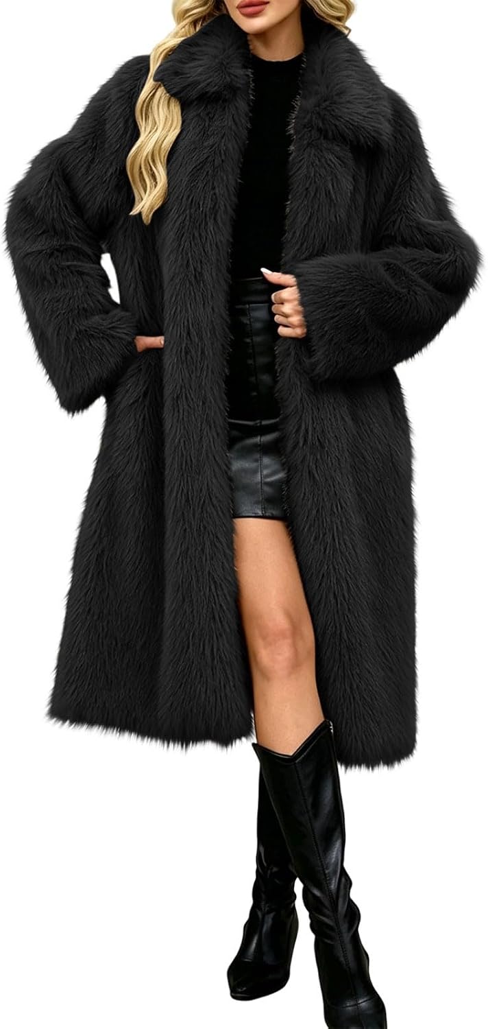 Women's Elegant Faux Fur Coat Long Sleeve Open Front Winter Jacket