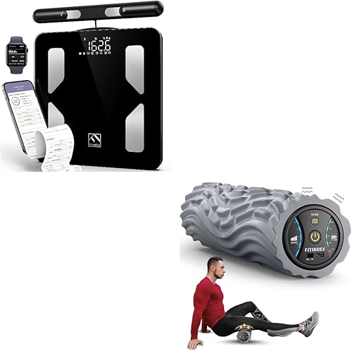 FITINDEX Báscula de composición corporal para peso corporal, 8 electrodos inteligentes con IMC, grasa corporal, masa muscular, 50 medidas de