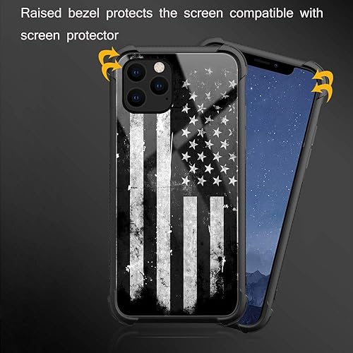 Miniatura 3 de Funda compatible con iPhone 11, funda de bandera estadounidense Grunge en blanco y negro, parte trasera de vidrio templado + funda protectora de TPU