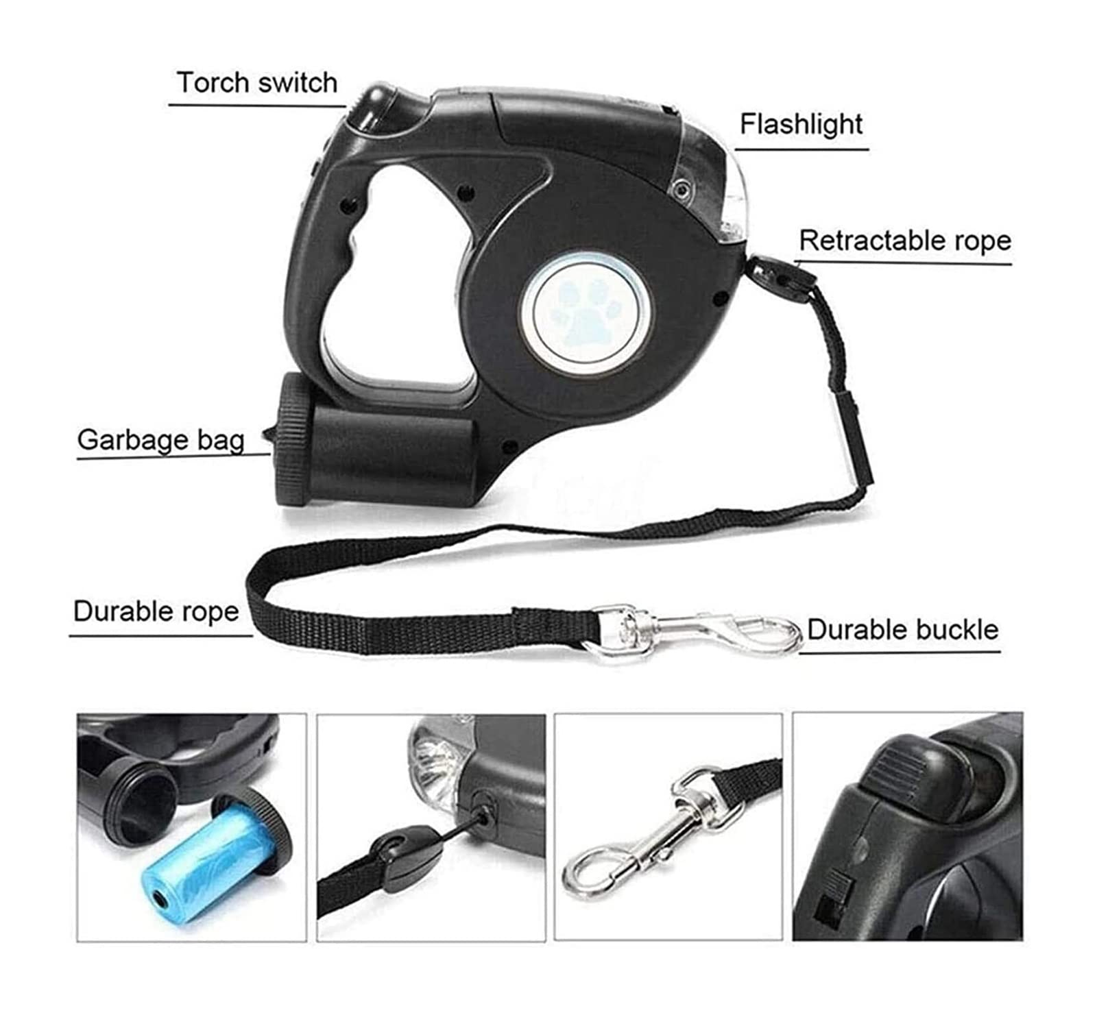 GOUJIAN Guinzaglio retrattile per cani da 4,8 m con torcia LED, guinzaglio allungabile di alta qualità, comodo manico ergonomico, sacchetto per rifiuti incluso | nero