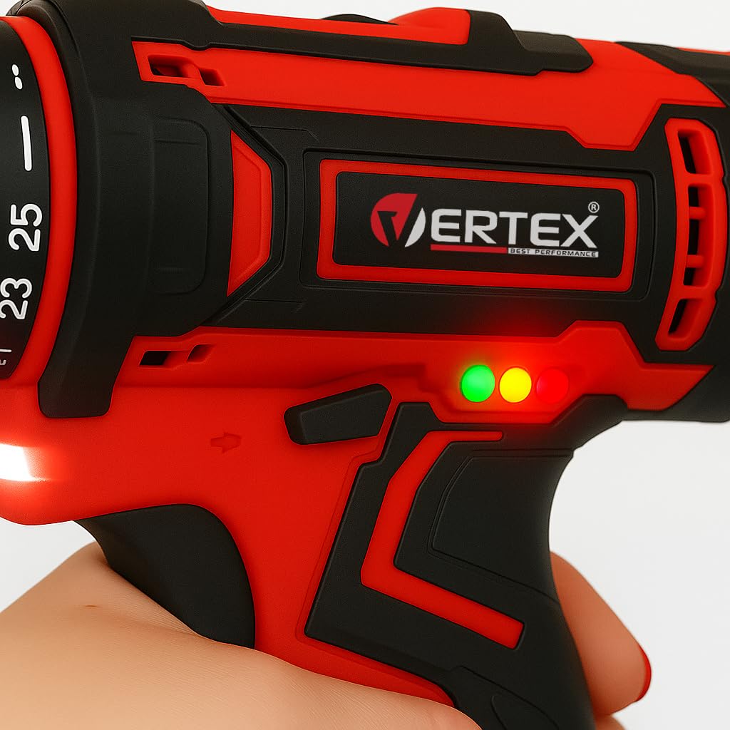 Vertex Wiertarko-wkrętarka Akumulatorowa 21V, 2 Akumulatory Li-Ion 1.7Ah + Ładowarka, 32Nm, z Walizką i 30 Akcesoriami, Model VWK21LI-2, Podświetlenie LED, Z Poziomem Naładowania Baterii