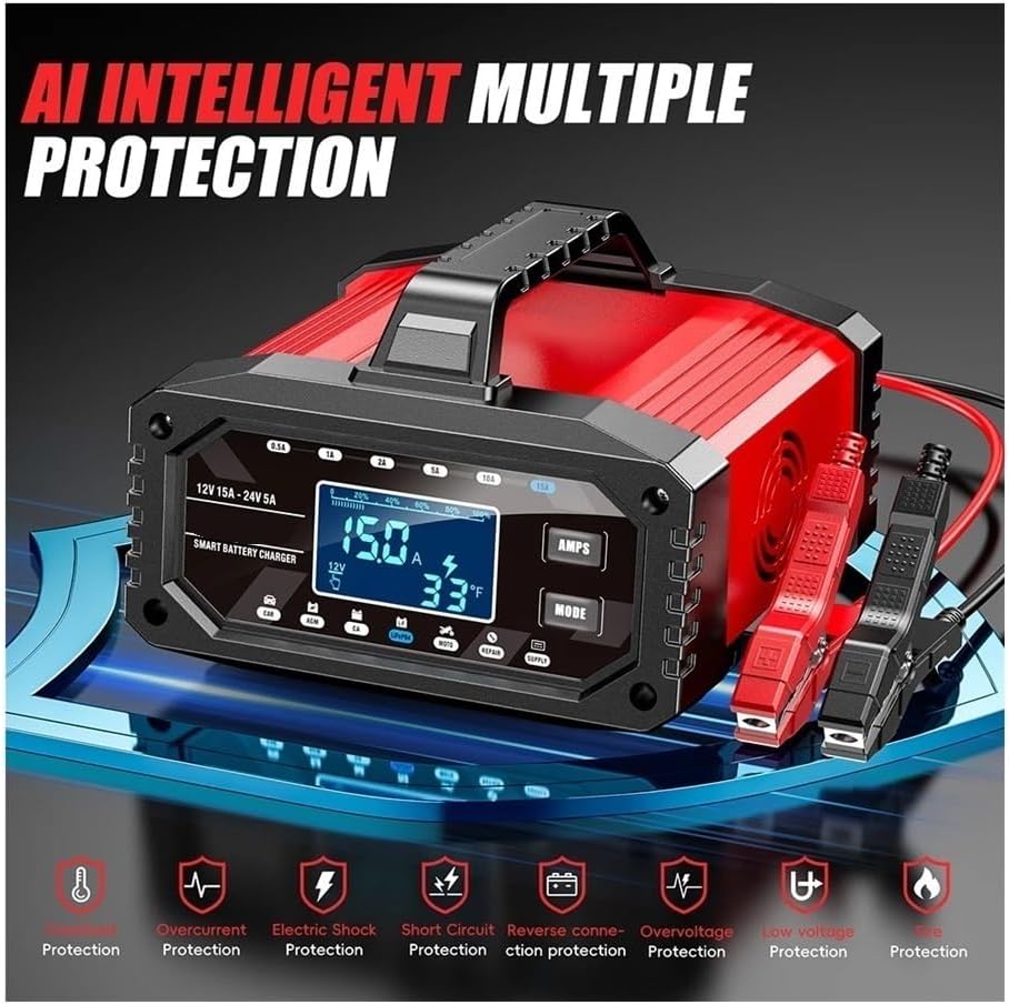 Universal 15A 5A Smart Battery Charger 12V 24V for Cars & Motorcycles, Suitable for Lithium, AG Gel Batteries