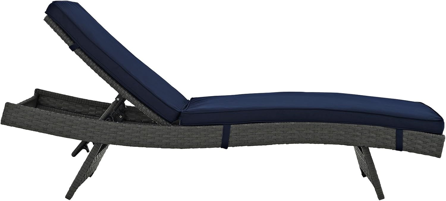 Modway Sojourn Wicker Rattan Outdoor Patio Sunbrella Fabric Chaise Lounge in Canvas Navy
