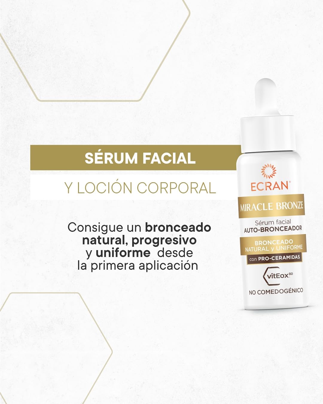 ECRAN Miracle Bronze Autobronceador Facial - Loción Bronceadora con Pro-Ceramidas - Bronceado Natural, Uniforme y Progresivo sin Sol - Textura Ligera, No Reseca ni Engrasa - 4 Días de Duración - 50 ml