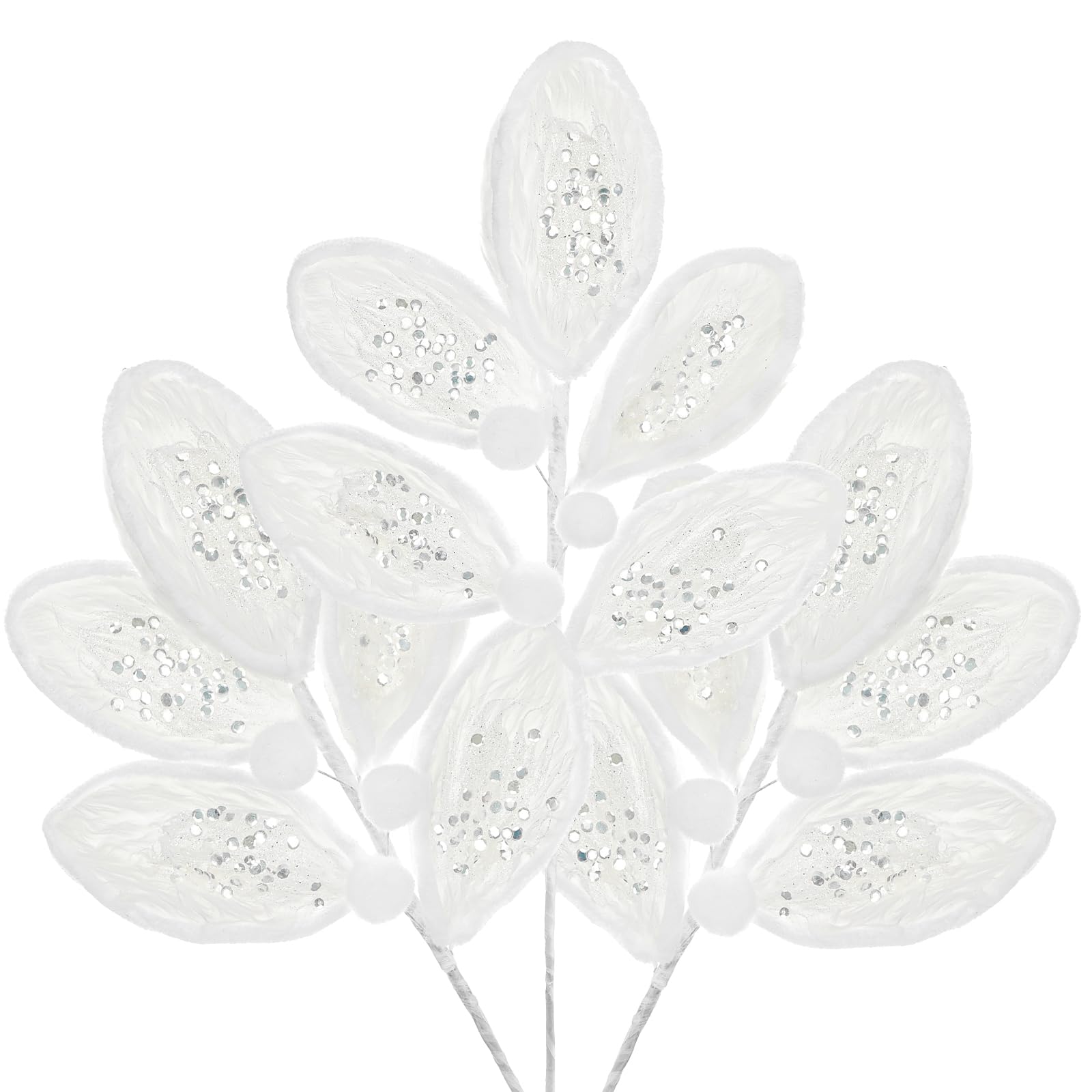 Hollyone 3pcs Weihnachtsblätter Plüsch Künstliche Lorbeerblätter 54 cm Kunstzweige Weiße Weihnachtsbaumschmuck mit Pailletten Glitzer Weihnachtszweige für Tischdeko Weihnachtsdeko Neujahr