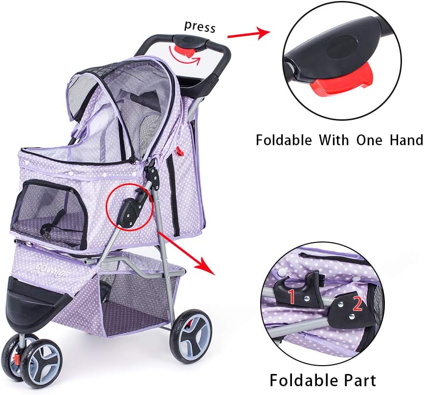 Comiga Pet Stroller, 3-Wheel Cat Stroller, Foldable Dog Stroller with Removable Liner and Storage Basket, for Small-Medium Pet,Purple