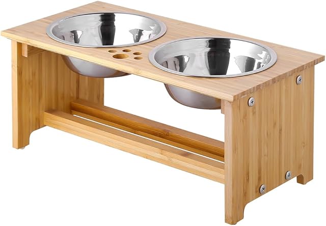 FOREYY Raised Dog Bowls for Cats and Dogs - Bamboo Elevated Dog Cat Food and Water Bowls Stands Feeder Dishes with 2 Stainless Steel Bowls and Anti Slip Feet (Medium - 18 cm high)