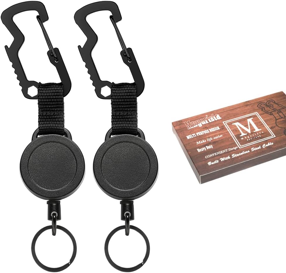 - MNGARISTA 2 Pack Retractable Keychain, Multitool Carabiner Badge Holder, 8oz Retraction, Heavy Duty Badge Reel, Retractable Key Chain with Steel Cable and Key Ring, Black