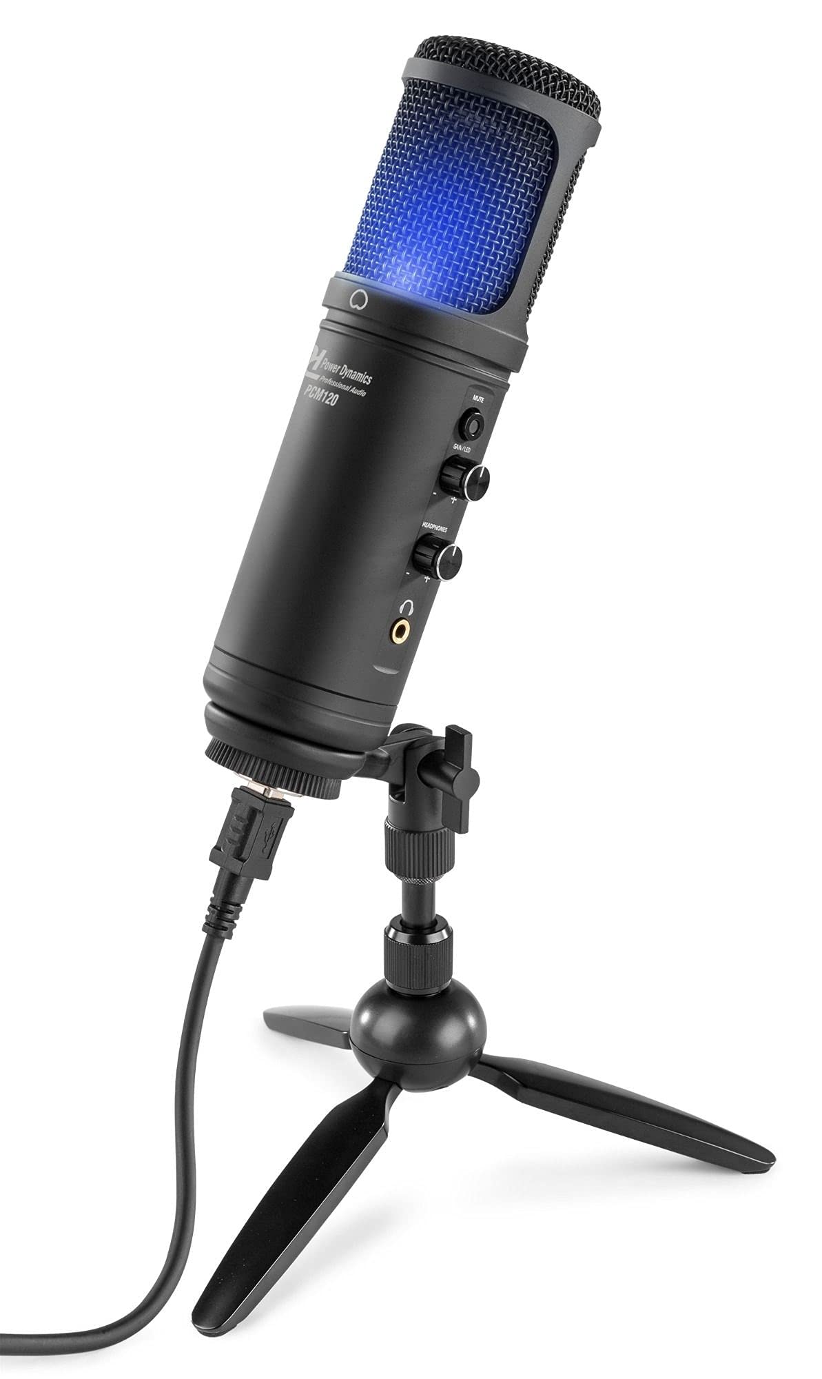 Power Dynamics PCM120 microfono Condensador Broadcasting & Streaming con trípode de Mesa e iluminación LED, microfono USB, Ideal para Crear Contenido de Youtube, Twitch, Gaming, Podcast, Color Negro