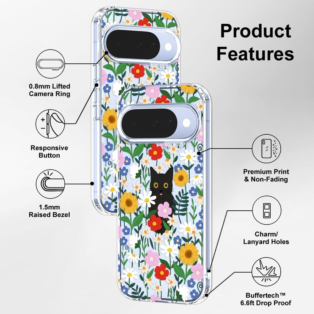 MOSNOVO Case for Google Pixel 10 & Pixel 10 Pro, [Buffertech 6.6ft Military-Grade Drop Protection] [Anti Peel Off Tech] Clear TPU Bumper Phone Case Cover Design - Black Cat in Garden