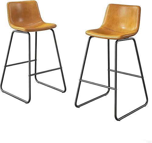 Juego de 2 taburetes de bar, modernos taburetes de bar de altura de mostrador con respaldo, taburetes de bar de piel sintética de 26 pulgadas con
