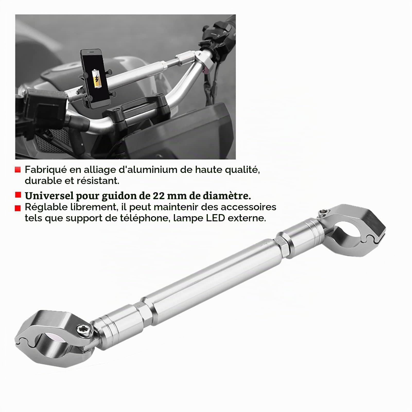 Barre d'équilibre universelle en alliage d'aluminium de 22 mm pour guidon de moto - Accessoires de levier de renfort (argenté) - Support universel pour guidon de moto