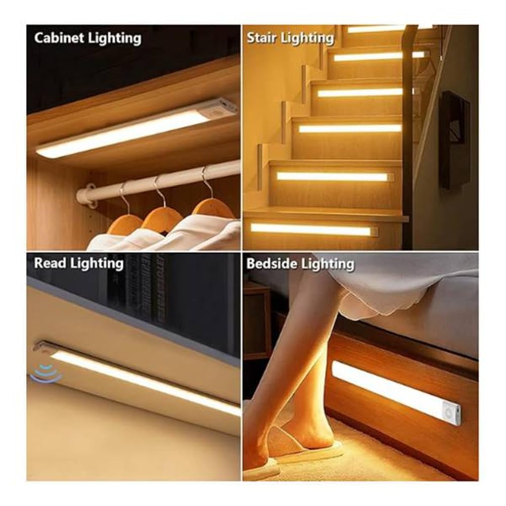 Luz de Iluminación Inalámbrica Debajo del Gabinete, Luz con Sensor de Movimiento de 24 Pulgadas, Luces de Armario Recargables de 1000 MAh para Interiores, Atenuación