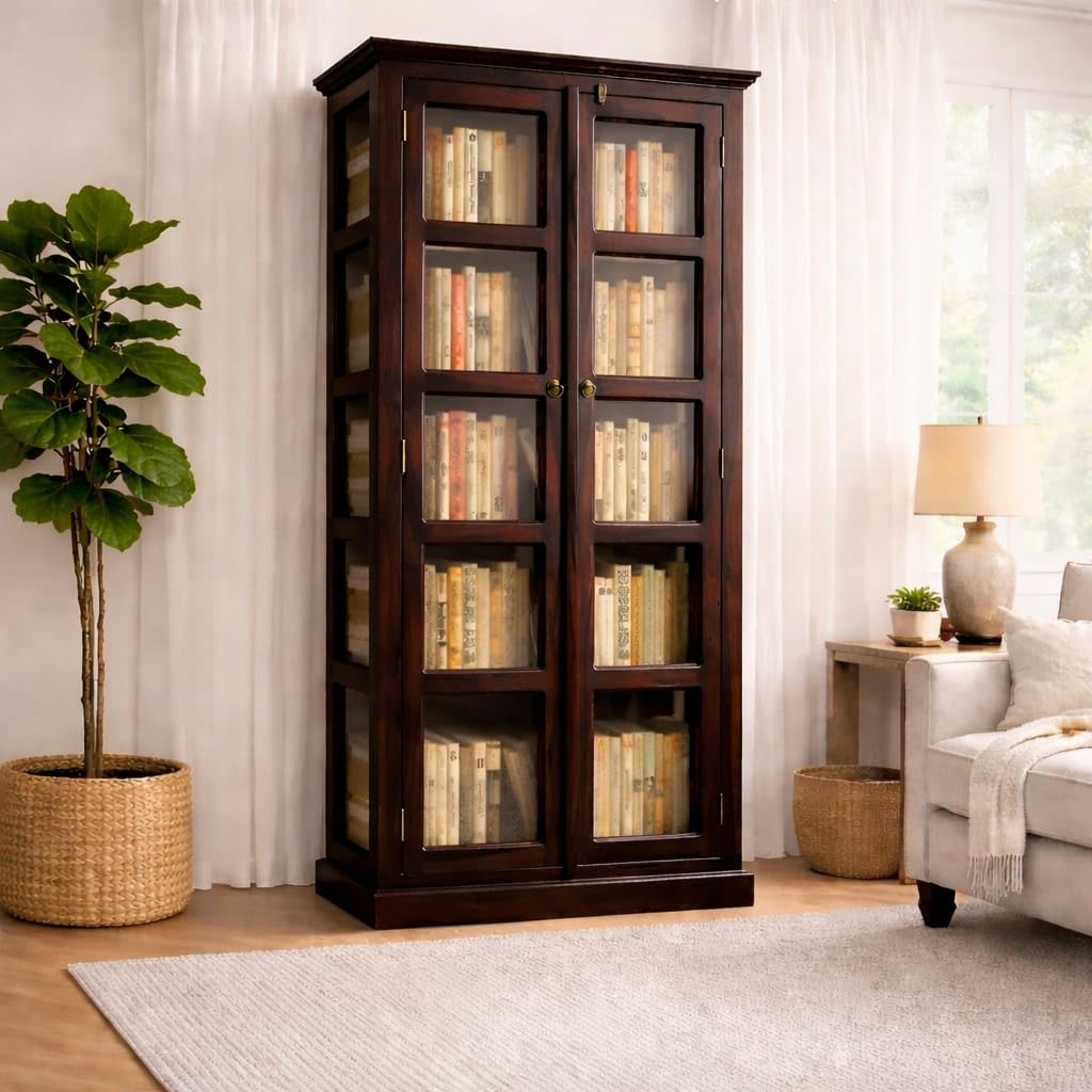 WELL KNOWN SHEESHAM Book Shelf Wooden with Door, Bookshelf with Glass Door for Home Library, Solid Wood Bookcase Wooden Crockery Cabinet for Kitchen - Walnut Finish-image-27