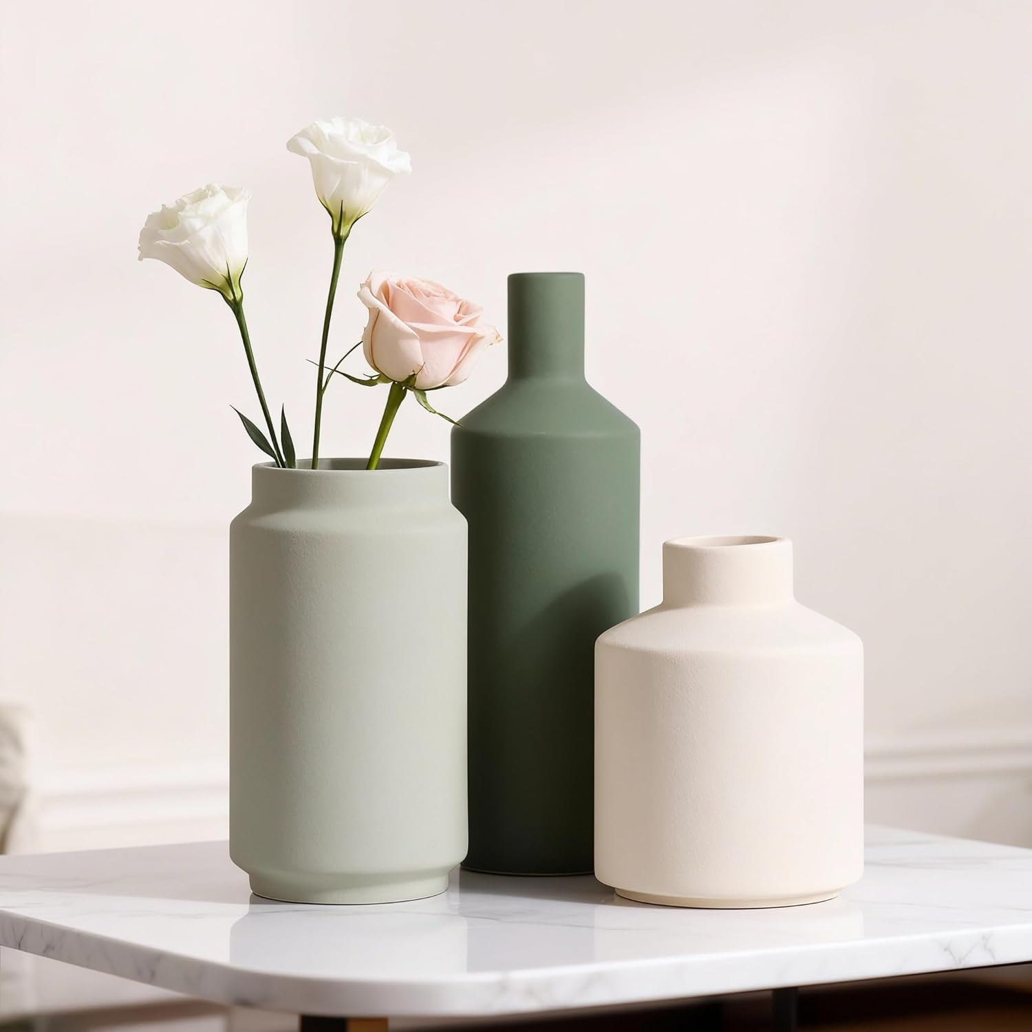Modern 3 Piece Ceramic Vase Set - Minimalist Home Decor Vases for Living Room, Bedroom, or Entryway - Modern Neutral Table Decor for Flowers or Greenery, Shelf and Mantel Accent