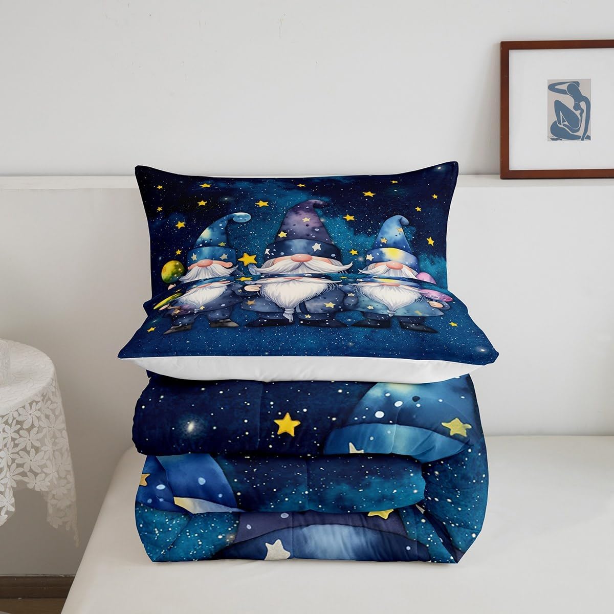 Castle Fairy Galaxy Gnome Full Size Comforter Set,Starry Sky Bedding Set for Adults Teens,Children Stars Moon Comforter Luxury Outer Space Quilt Set Room Decor 3Pcs