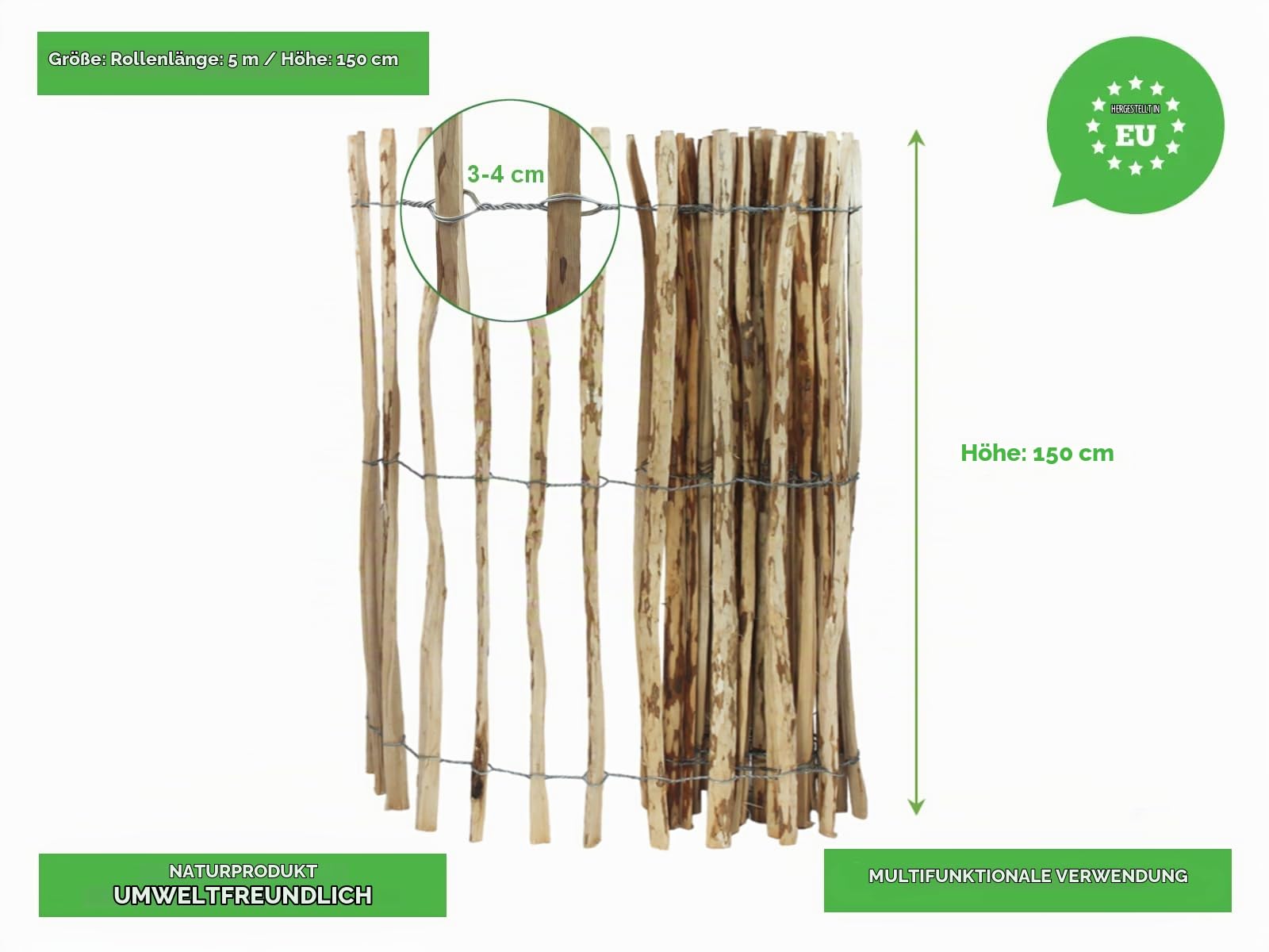 Staketenzaun – Gartenzaun 150 cm Hoch – Einfriedung von Grundstücken, Weiden, Teichen – Stabilisierung von Kletterpflanzen – Zaun aus Haselnussholz mit Stahldraht – Farbe natur, Länge 500 cm, 3-4 cm