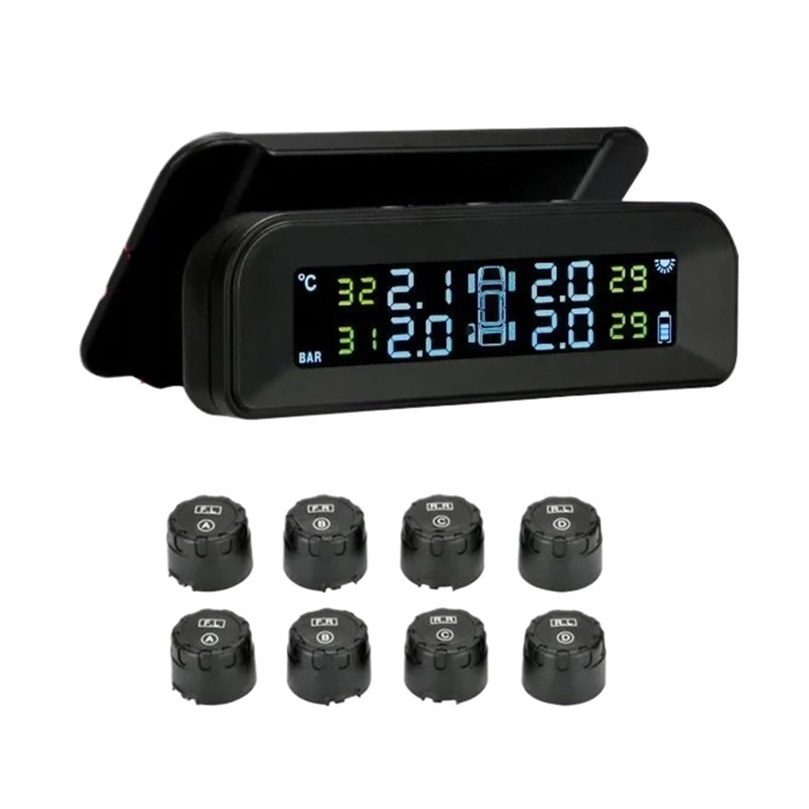 Sistema De Monitor Alarma Presión Neumáticos TPMS, Pantalla Original Inalámbrica HD, Carga Solar, Vibración Encendido Coche con 8 Sensores DeteccióN Precisa(External Sensor)