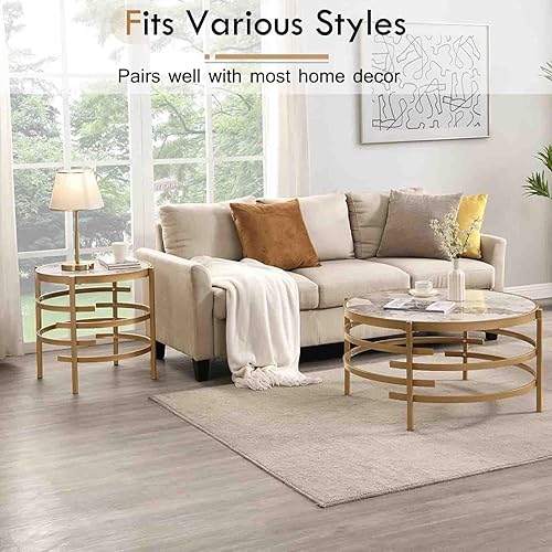 Miniatura 13 de Mesa auxiliar redonda moderna con parte superior de piedra sinterizada, elegante mesa auxiliar de sofá con marco de metal irregular, mesa de centro