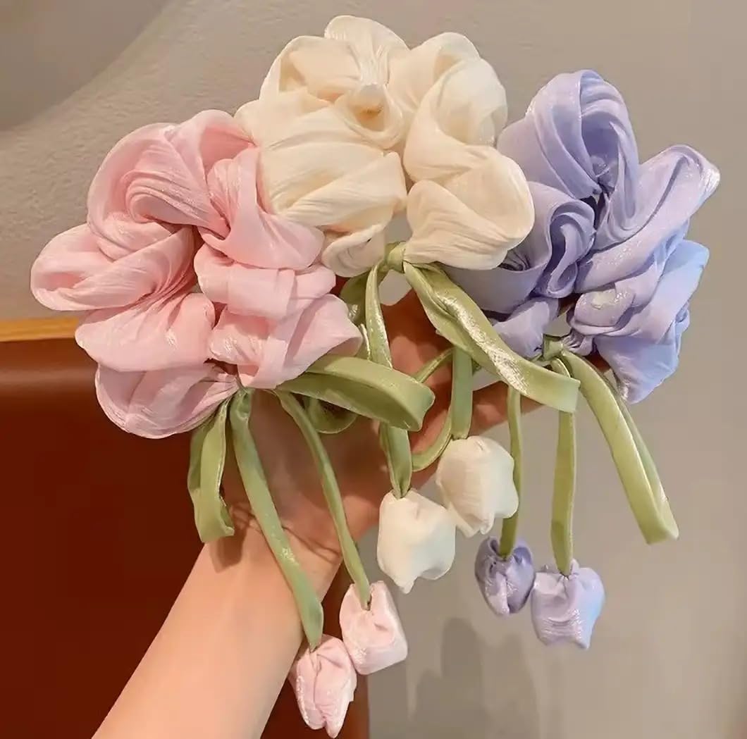 A2Z S MART Tulip Flower Bow Scrunchie for Girls & Women, Korean Style Satin Silk Ribbon Hair Ties, Trendy Elastic Hair Accessory with Hanging Flower Charm 3pcs-image-35