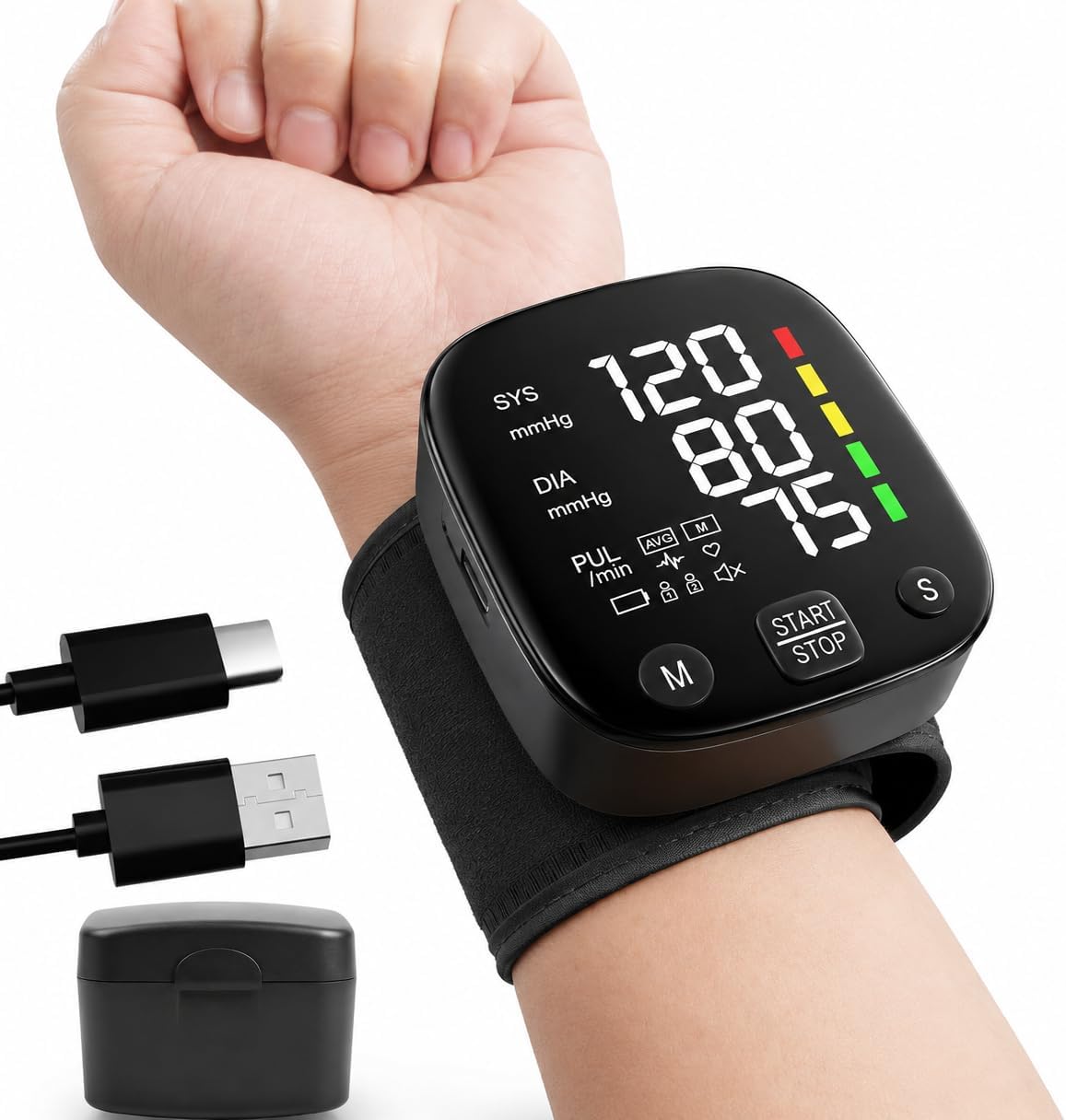 Wrist Blood Pressure Monitor, LED Display, 3-Color Indicator, Dual User 2x99 Memory, Cuff 5.3-7.7 Inches, Type-C Rechargeable, Portable BP Monitor