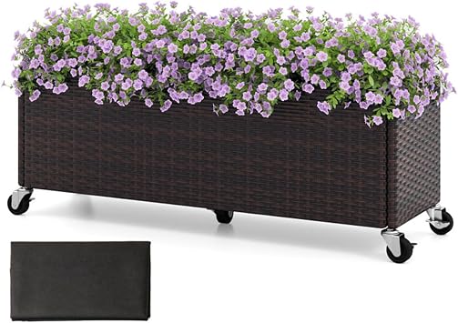 Elevated Planter Box with Wheels - Mobile Raised Garden Bed with Leak-Proof Liner, 132lbs Load Capacity, Weatherproof PP Rattan Planter for Balcony, Patio, Living Room Mixed Brown, 37.5"12"14"