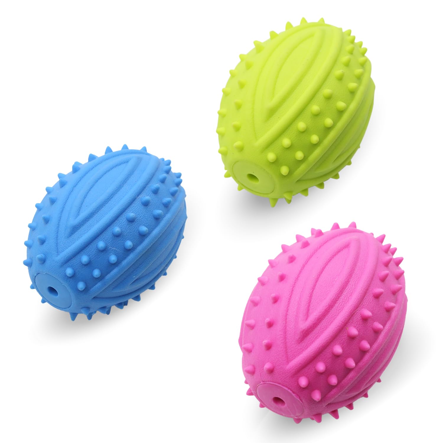Dog Squeaky Rugby Ball Toy Durable Rubber Chew Ball with Spikes for Dental Health Interactive Fetch Training and