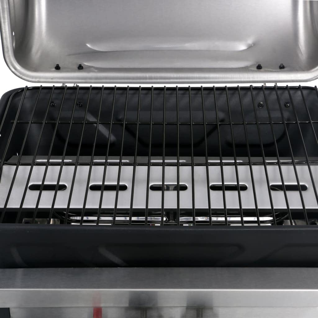 Grill gazowy ze stolikiem pomocniczym, na 3 poziomach, czarny i srebrny, stal malowana proszkowo, stal nierdzewna, 92 x 53 x 96 cm, ruszt do grillowania 49 x 33 cm, moc 5,5 kW