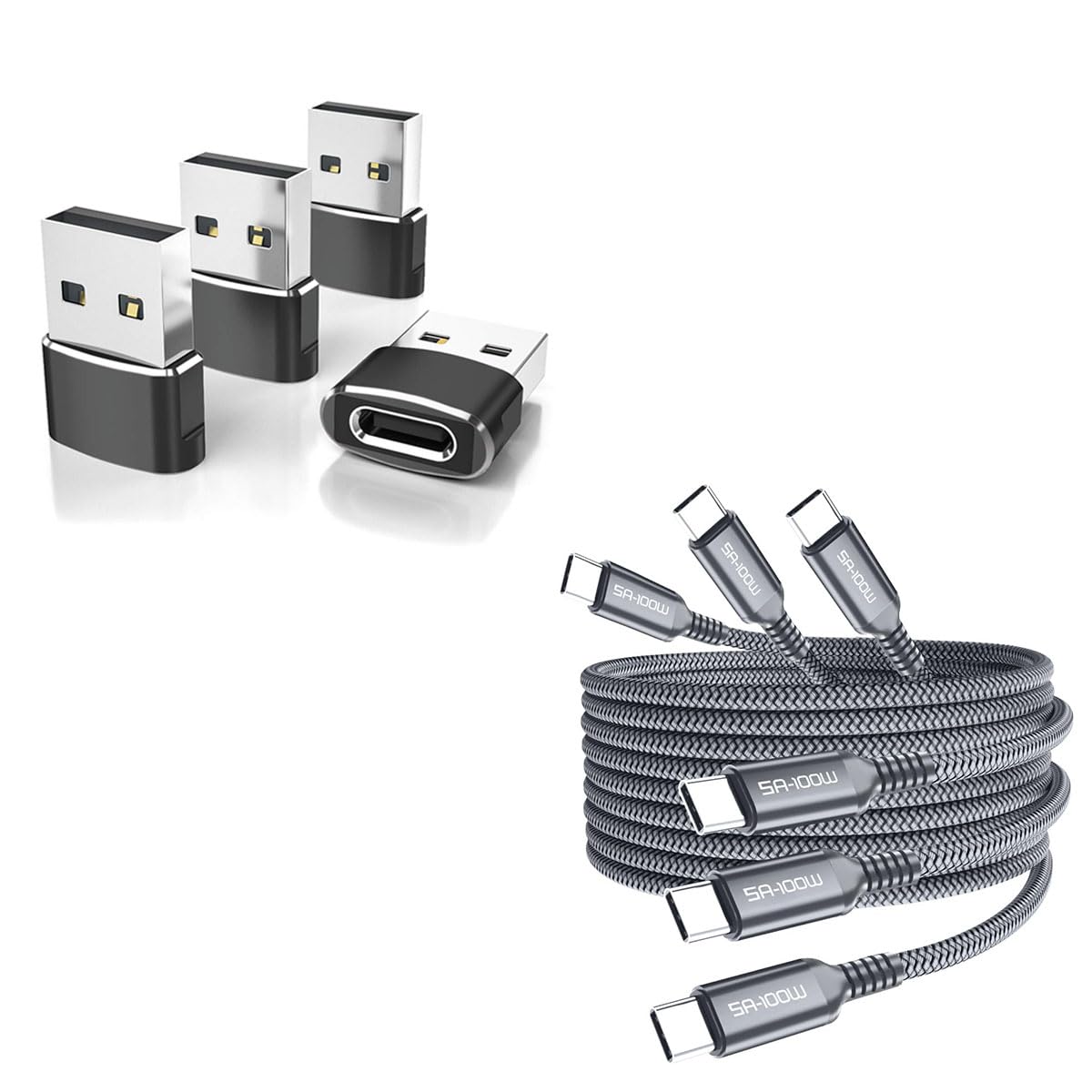 Elebase4 Pack USB to USB C Adapter and 3 Pack USB C to Type C 100W Cable for Apple Watch Ultra iWatch 8 7,iPhone 15 14 13 12 Pro Max Plus,Airpods,iPad 9 10 Air 5 Mini 6,Car,Samsung Galaxy S23 S22