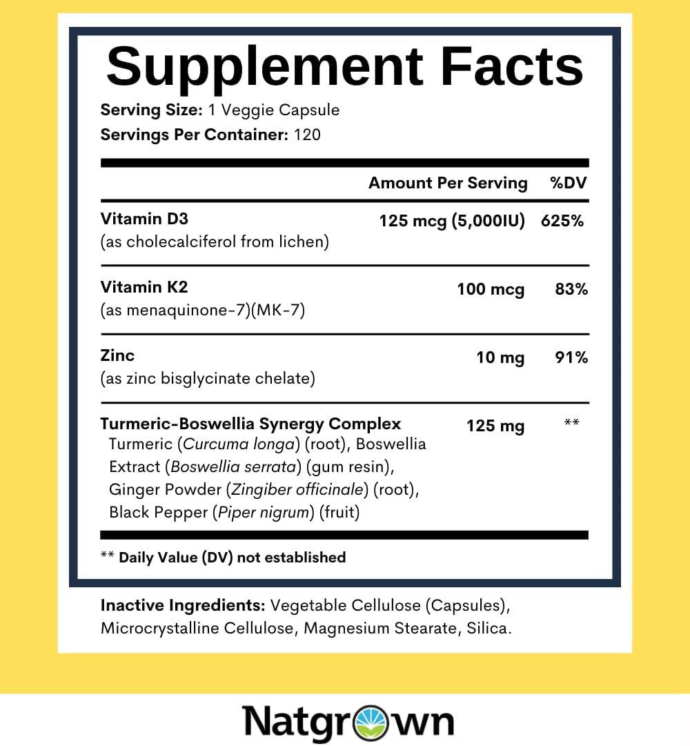 Natgrown Vitamin D3 + K2 w/Zinc - Vegan Vitamin D 5000 IU & Mk7 100mcg for Bone and Immune Support Supplement - Plant Based D3 K2 with Superfood Blend, Gluten-Free - 120 Capsules