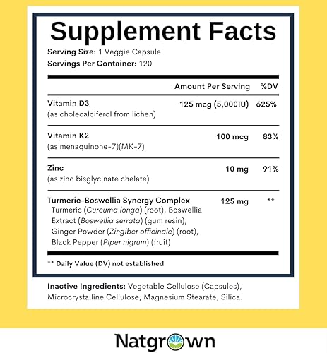 Miniatura 4 de Natgrown Vitamina D3 + K2 con zinc  Vitamina D vegana 5000 UI y Mk7 100mcg para hueso y suplemento de apoyo inmunológico  D3 K2 a base de plantas