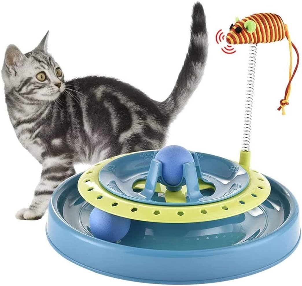 Nyganmelloz Cat Toys, Cat Interactive Turbo Track Ball Toys Catch The Mouse Exercise Scratcher Roller Turntable Kitten Sway Toy Mental Physical Exercise Amusement Pet Supplies blue