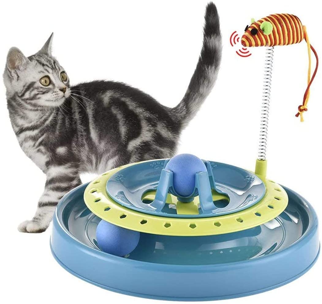 Nyganmelloz Cat Toys, Cat Interactive Turbo Track Ball Toys Catch The Mouse Exercise Scratcher Roller Turntable Kitten Sway Toy Mental Physical Exercise Amusement Pet Supplies blue