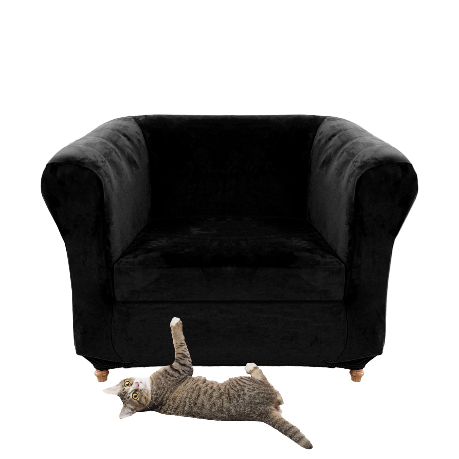 Stretch Velvet Chesterfield Sofa Cover Couch Cover with Seat Cushion Covers for Curved Chaise Armchairs Vintage Style (Black Chair + 1 Large Seat)