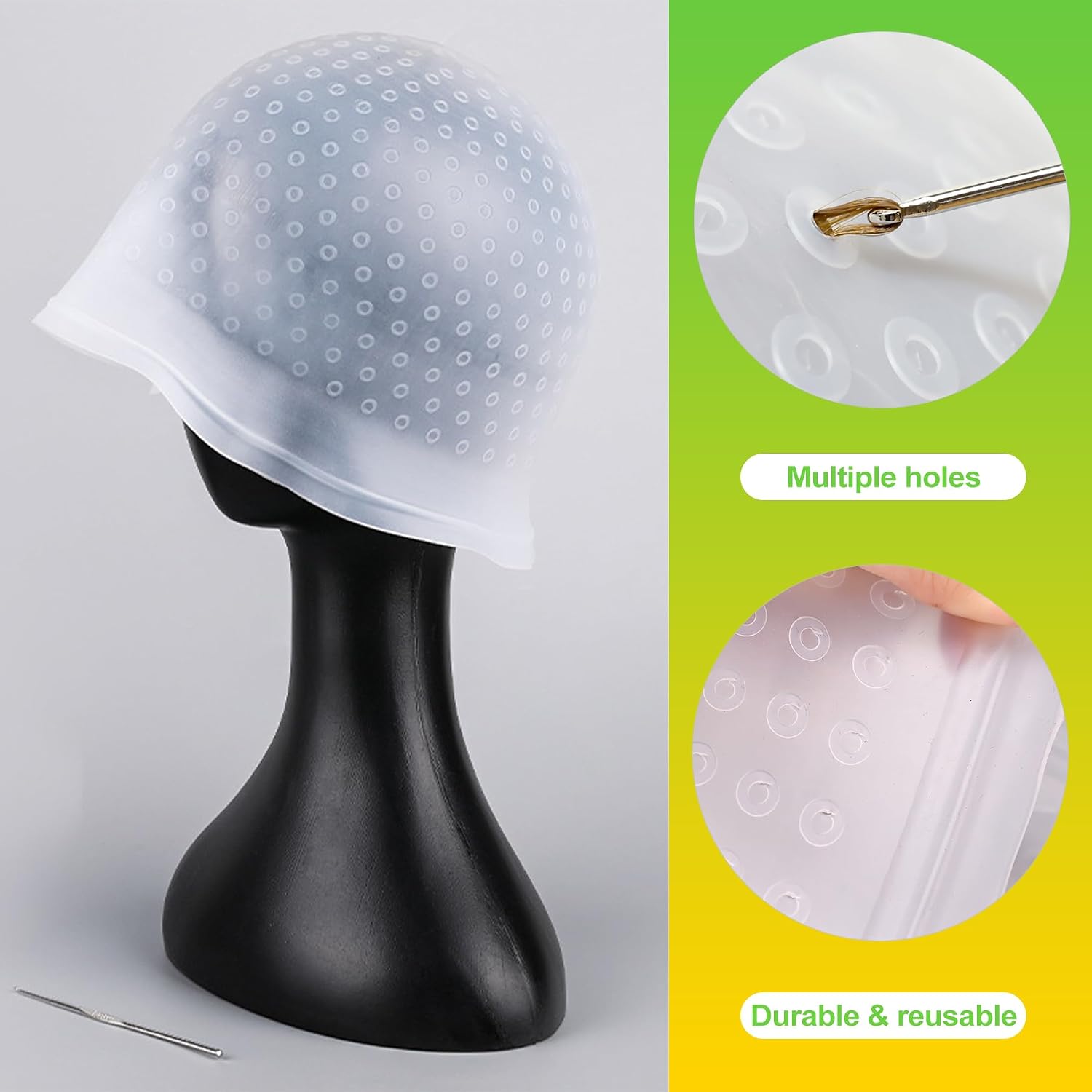 2 Pcs Silicone Hair Highlighting Cap Set Pull Through Frosting Cap with Hook for Hair Coloring Highlights Dye Tool for Salon Home Hair Styling Use